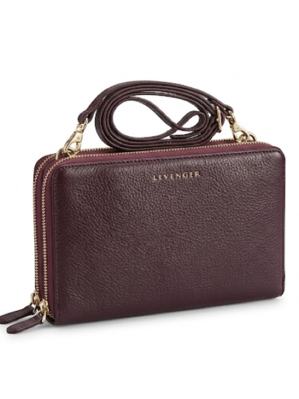 Levenger Plum Pebbled Leather Double Zip Crossbody Wallet Bag Organizer - Picture 2 of 12